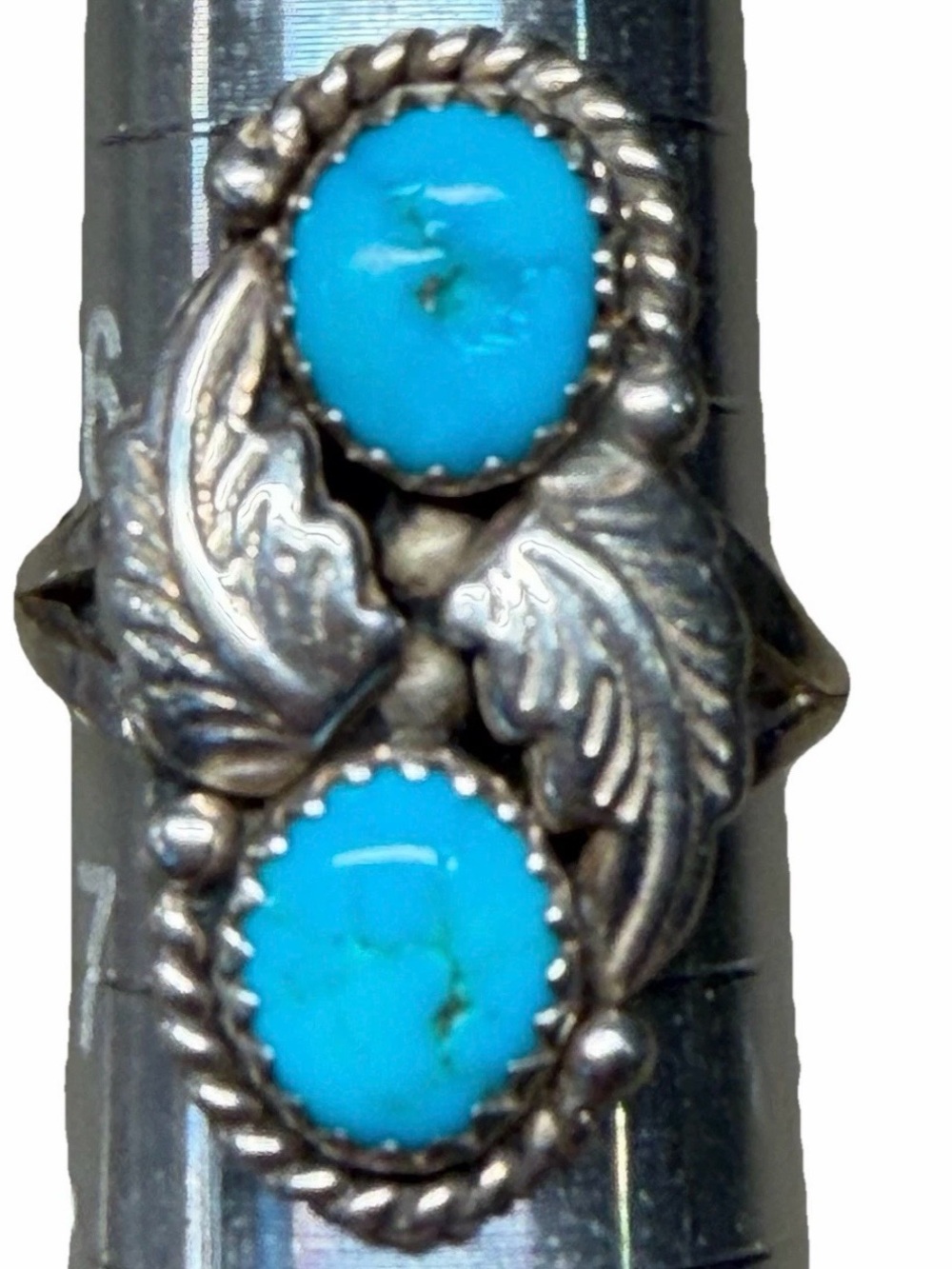 Navajo Sterling Silver Turquoise Double Stone Ring Size 6.5 Signed RB